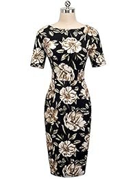 HOMEYEE Vestido vintage elegante con estampado floral y bolsillo de manga corta para mujer B513