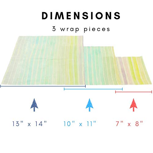 Beeswax Wraps - Reusable Food Wrap - Paper Wrapping for Sandwich, Veggies, Fruits, Cheese & Bread - Pack of 3-1 x Small, 1 x Medium & 1 x Large