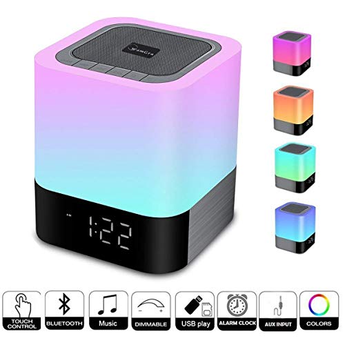 Enceinte Haut-parleur Bluetooth Portable Lampe de Chevet LED avec Contrôle Tactile, Lampe de Table Couleur Changeant la Lumière de Nuit avec le Réveil pour la Chambre