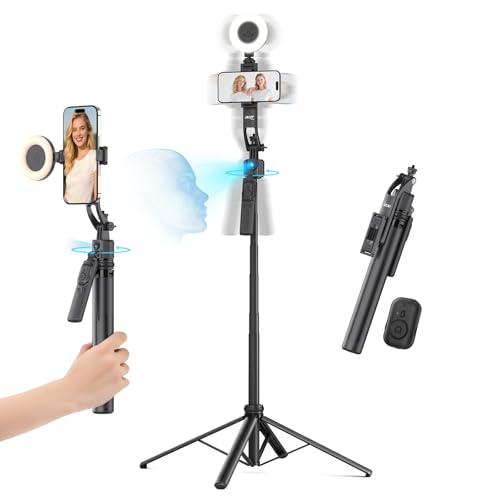 Acer Gadget Auto Face Tracking Tripod for iPhone/Cell Phone/Android/Camera with Light and Remote, 64", No App, 360°Rotating Tripod Selfie Stick for Tiktok YouTube Vlog Live Streaming Video Recording