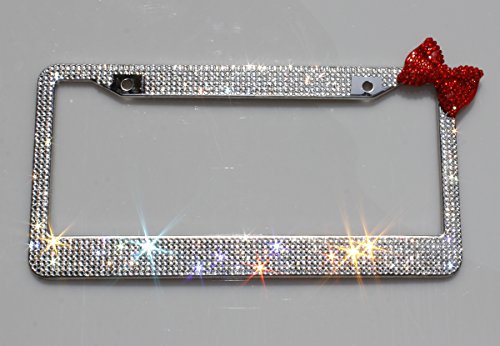 Carfond 7 Row Handcrafted Shining Sparkling Premium Crystal Diamond Stainless Steel Metal License Plate Frame 2 Holes Bonus Matching Screws Caps (Clear Crystal/Orange Bowknot)