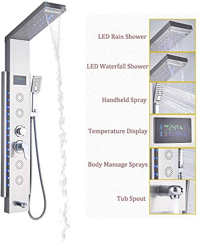 Rozin LED Light Deco 5-Function Shower Panel Waterfall Rain Shower Head + Body Massage Jets + Hand Spray + Tub Tap Brushed Nickel