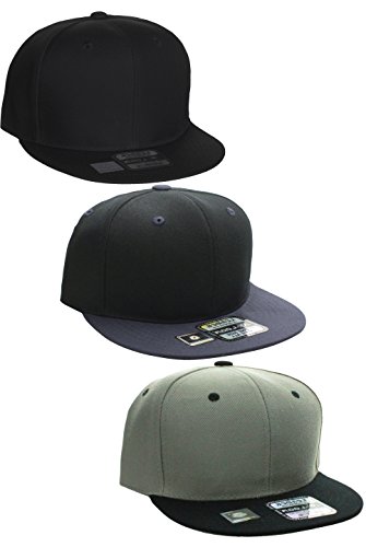 L.O.G.A Plain Flat Bill Visor Blank Snapback Hat Cap with Adjustable Snaps - 3 Pk - Bk/Ch, Gy/Bk, Bk