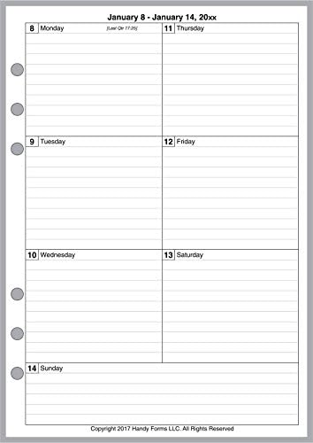 2019 Weekly Planner for A5 Size notebooks by FiloFax, Kikki-K, Mulberry, Louis Vuitton GM Size, and Others. 1 Page Per Week, Week Starts on Monday. Style C, with Lines.