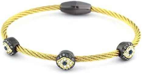 Twisted Cable Bracelet; Magnetic closure; Gold-tone twisted bangle; Pave stone Evil Eye stations;
