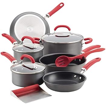 Rachael Ray 81157 Create Delicious Hard Anodized Nonstick Cookware Pots and Pans Set, 11 Piece, Gray with Red Handles