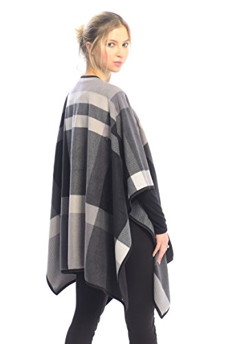 BYOS Women Winter Reversible Plaid Checked Houndstooth to Black Warm Fleece Open Front Poncho Ruana Wrap Cape (Gray Check) - Thumbnail 3