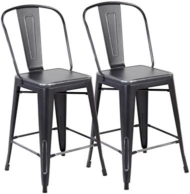 United Chair Tolix Style Metal Stackable Bistro Cafe Bar stools with Back Set of 2 Antique Black Silver 3007-ABS-2