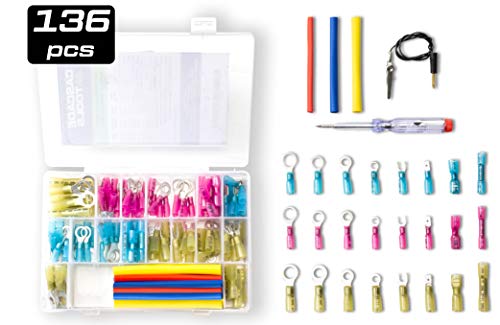 Heat Shrink Wire Connector Kit (136 Piece Set - Electrical Connectors, Heat Shrink Tube, Test Light, and Case) Electrical Connectors for Automotive & Marine Mechanics - AWG 22-16, 16-14, 12-10