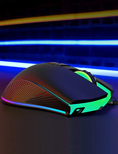 PICTEK RGB Gaming Mouse Wired - 10,000 DPI Adjustable - 8 Programmable Buttons - 7 Chroma Lighting Modes - Ergonomic USB Mice - PMW3325 with Fire Button - Laptop/PC with Long Braided Cord (Matt Black)