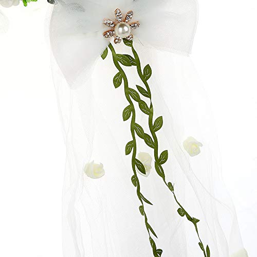 Flower Crown White Girls Headpiece,Women's Flower Festival Wedding - Headband Flower Crown Hair Wreath Halo With Adjustable Ribbon - Thumbnail 2