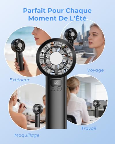 Ventilateur de Poche Portable Mini - 3000 mAh USB Rechargeable, Réglage Vitesse 1-120 avec Écran LED, Ventilateur Personnel Silencieux, Accessoire d'Été pour Voyage Extérieur Maison Bureau, Noir