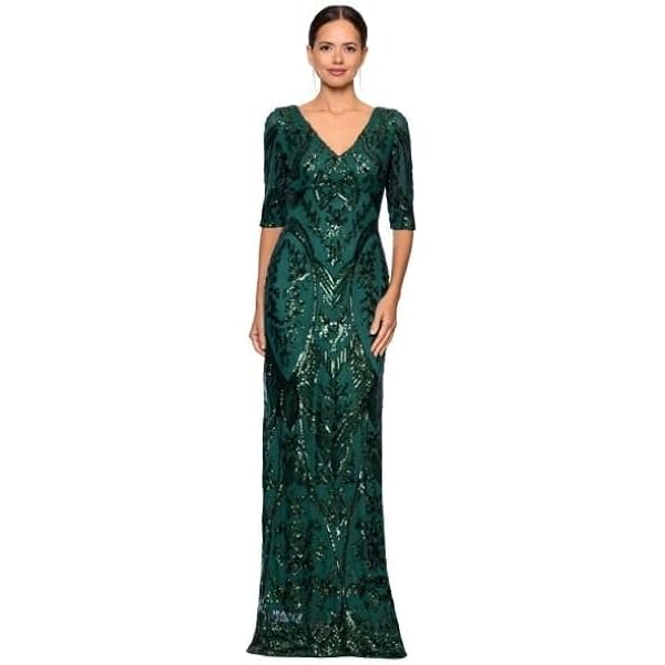 Amazon.com: Betsy & Adam Women's Long Embellished Sleeve Ruched Waist  Evening Gown with Keyhole Back Detail, Black/Silver, 4 : Clothing, Shoes &  Jewelry