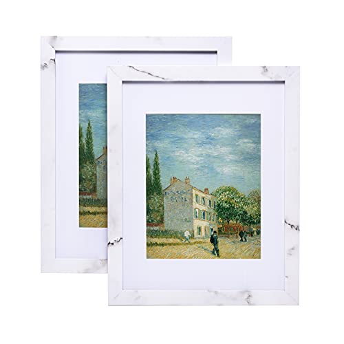 Muzilife 11x14 Wood Picture Frame Flat Display Pictures 8x10 with Mat or 11x14 Without Mat for Wall, 2pcs, Marble