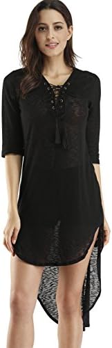 Womens Clothing Summer V Collar Skater 3 4 Sleeve Cute T Shirt Dress Black M