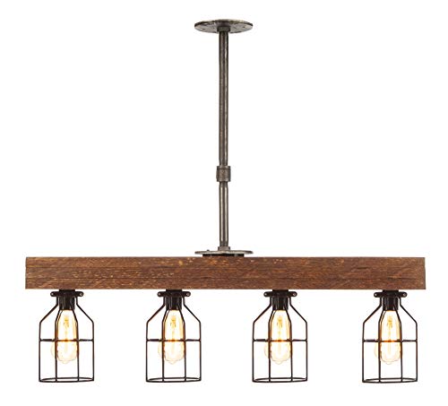 Farmhouse Lighting Triple Wood Beam Vintage Decor Chandelier –Great Industrial Chic Light for Kitchen, Bar, Island, Dining Room, and Foyer – Four Lights and Vintage Edison Cages