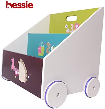 Hessie Little Toddler Kids Portable Wooden Bookcase/Bookshelf on Wheels, Book Storage/Shelf, Library Furniture - Green Hedgehog (Trapeziodal Shape)