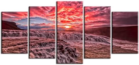 Grand Sunset Wall Art for Bedroom, Beautiful Canvas Painting Prints Decor of Red Glow Clouds and Waterfall River Valley Picture (Water Proof Artwork, Ready to Hang, 1" Thick Frame)