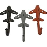 Orange Brown and White Airplanes Single Wall Hooks Cast Iron Set of 3