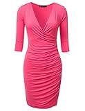 DRESSIS Women's 3/4 Sleeve Plunging Surplice Ruched Sheath Dress S-3XL (12 Colors)