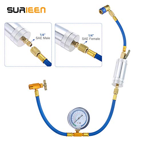R134A AC Oil Injector Tool Kit, R134A Refrigerant Charging Hose with Gauge, Compressor Oil Dye