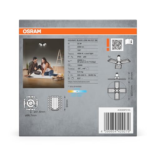OSRAM Highbay Blade Deckenlampe in Schwarz, Kunststoff, mit verstellbaren Lichtflügeln, bietet 23 W bzw. 2350 lm in Neutralweiß mit 4000 K, E27 Schraubgewinde, 231 mm Durchmesser, IP20 8