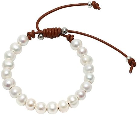 Freshwater Pearl Leather Bracelet Beaded Jewelry on Brown Genuine Leather Cord for Women 7.5''