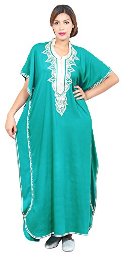 Moroccan Caftan Hand Made Top Quality Breathable Cotton with Hand Embroidery Long Length Green