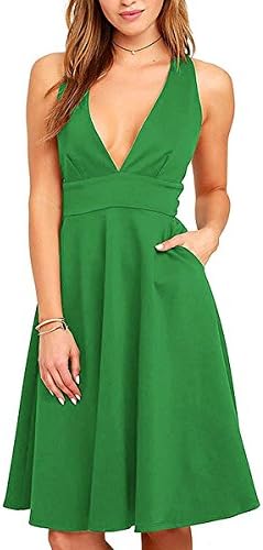Fover Women's Deep V Neck Sleeveless Knee Length Party A-line Dress with Pockets, Green, Medium