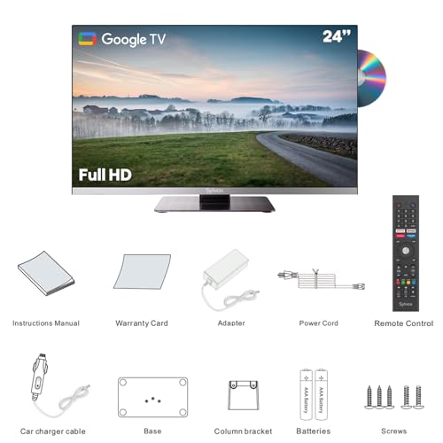 SYLVOX Smart RV TV, 24 inch TV with DVD Player Built-in, 12 Volt TVs for RV Camper 1080P FHD, Google Smart Free Download APPs, Support WiFi Bluetooth, 2 HDMI & 2 USB, AC/DC Powered, Frameless Design