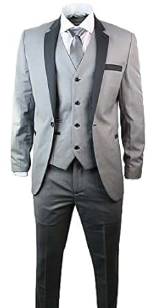 Mens 3 Piece Light Grey Suit Charcoal Trim Slim Fit ...