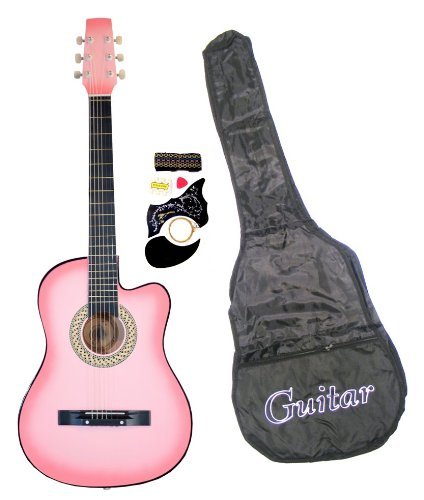 38" Inch Student Beginner Pink Acoustic Cutaway Guitar with Carrying Case & Accessories & DirectlyCheap(TM) Translucent Blue Medium Guitar Pick