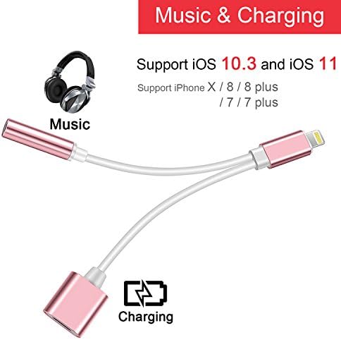 SUPPINNER 2 in 1 Lightning to 3.5mm Audio Jack Adapter 2A Fast Charge Cable for iPhone 7/7 Plus/iPhone 8/8 Plus/iPhone X(ONLY for iOS 10.3, iOS 11 &amp; above) (Rose gold)