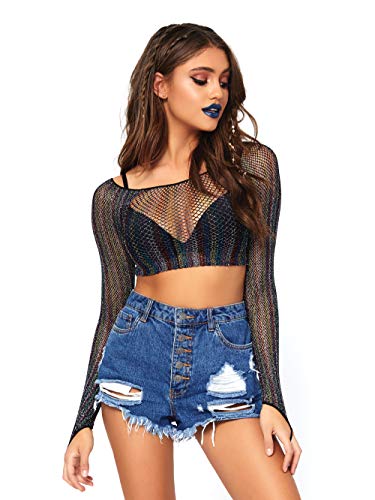 Leg Avenue Women's Sexy Long Sleeve Fishnet Crop Top, Black Rainbow Shimmer, O/S