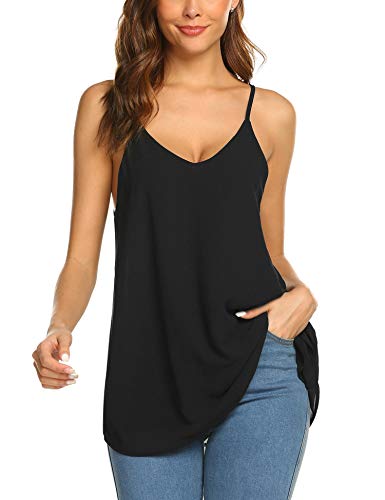 SUNAELIA Women Sleeveless Strap Tank Top Camisole Chiffon Summer V Neck Casual Solid Loose Blouse Shirts Black - Thumbnail 3