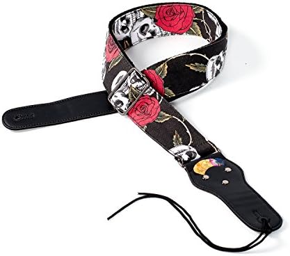 Denim Guitar Strap with Pick Holder Skulls and Roses Pattern Leather Ends Polished Metal Buckle 2 Inches Wide Big Range of Length (Skulls n Roses)