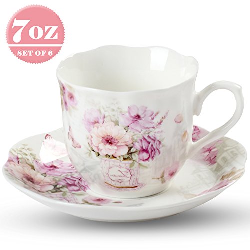 Coffee Tea Cup and Saucer Set of 6—7OZ New Bone China Vintage Floral Pattern Tea Cup Set, 220ml Porcelain Cups for Specialty Coffee Drinks, Latte, Cafe Mocha and Cappuccino