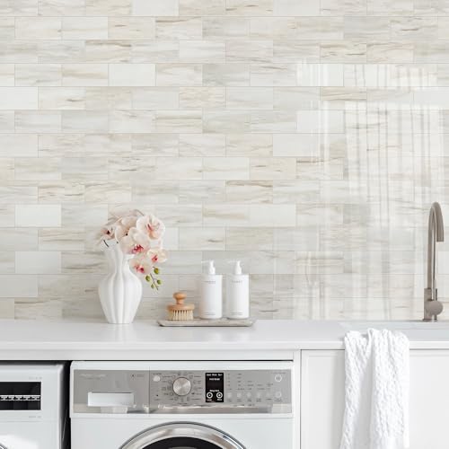 Vamos Tile 100-Piece Glossy Wooden White Peel and Stick Backsplash Tile,3''x6'' PVC Subway Tile with White Grout, Stick on Backsplash for Kitchen/Bathroom/Fireplace