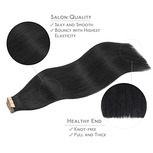 WENNALIFE Tape in Extensions Natural Hair, 35 cm, 50 g, 20 Pieces, Tief Schwarz, Remy Human Hair Extensions