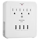 BESTTEN USB Outlet Surge Protector, 4 USB (Max 4.2A) Charging Ports and 3 AC Electrical Sockets, Wall Mount Multi Outlet Extender with 2 Slide Out Phone Holders, ETL Certified, White