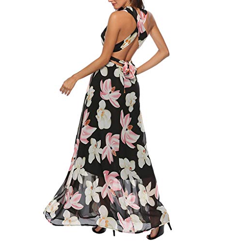 TIFENNY Multi-wear Maxi Dresses for Women V Neck Printed Bandage Backless Sleeveless Swing Dress Beach Long Dress White