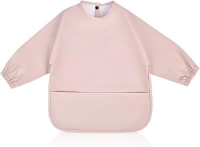 Vicloon Baby Weaning Bibs with Long Sleeves Pink PU Waterproof Feeding Bibs