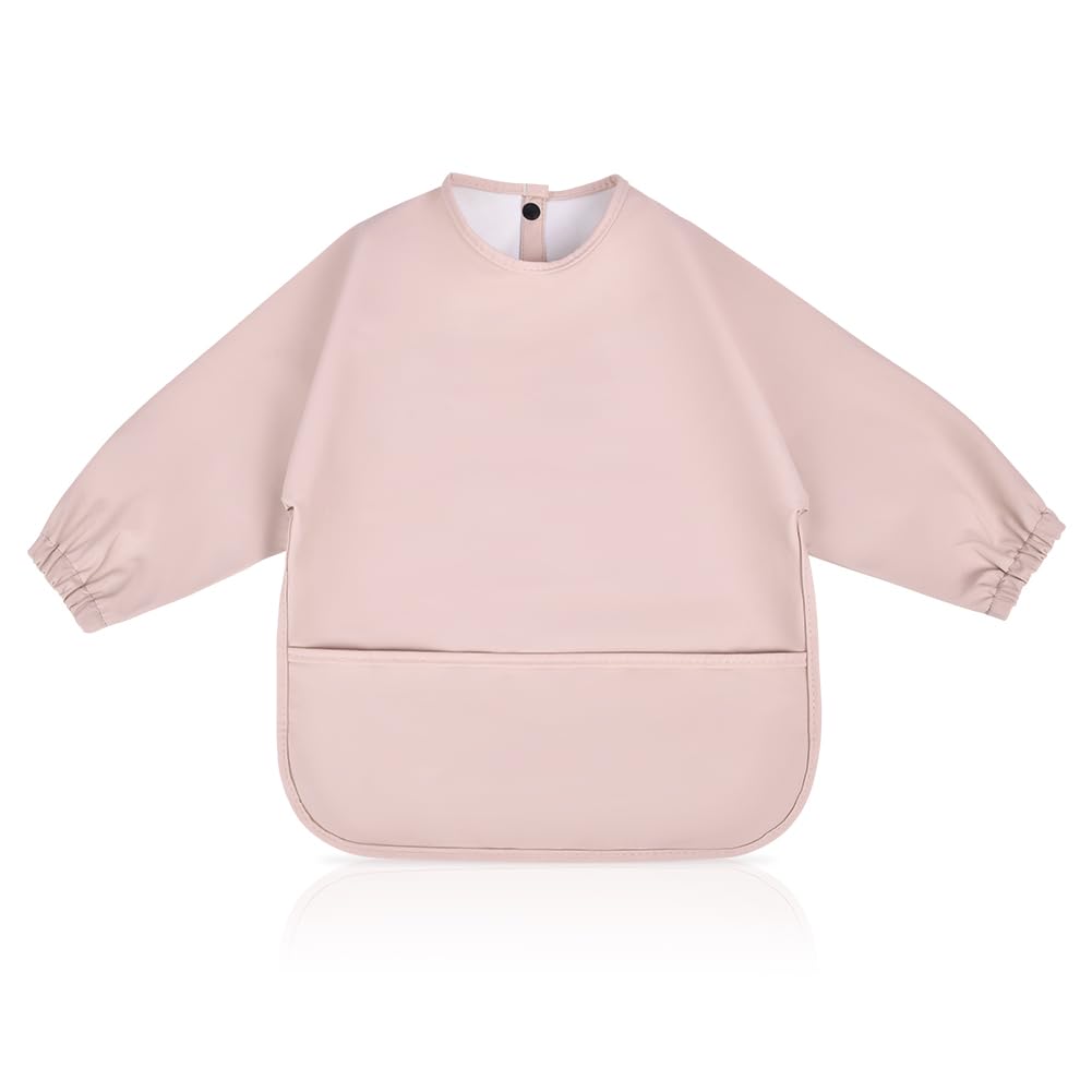 Vicloon Baby Weaning Bibs, PU Feeding Bibs with Long Sleeves and Large Pockets, Waterproof Toddler Bibs Easy to Clean, Suitable for Babies From 6 Months to 12 Months - Pink