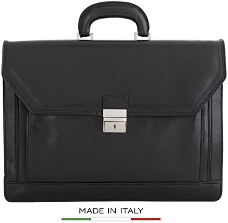 Alberto Bellucci Milano Mens Italian Leather Capri Large Flapover Triple Compartment 16" Laptop Briefcase - Black
