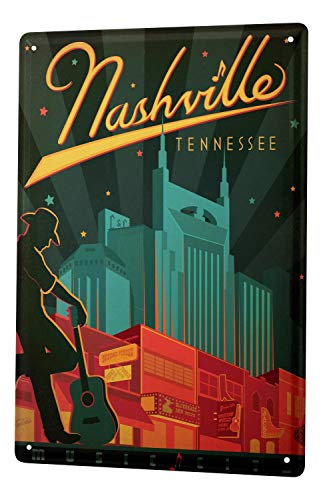 Tin Sign Deco City Nashville Tennessee Cowboy Guitar 8X12" - Thumbnail 4
