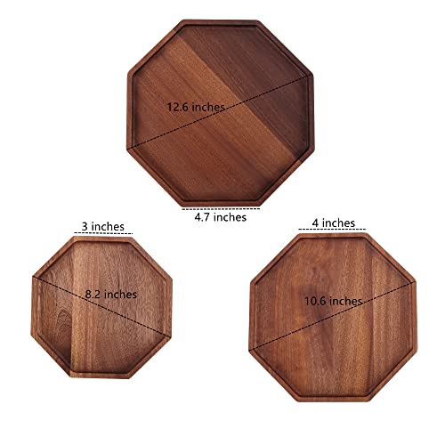 GMWD Set of 3 Ebony Wood Serving Trays, Food Tray Platter Octagon Dessert Plates Wooden Decorative Tray Charcuterie Board for Serving Breakfast Snacks Bread Fruit Party Appetizers