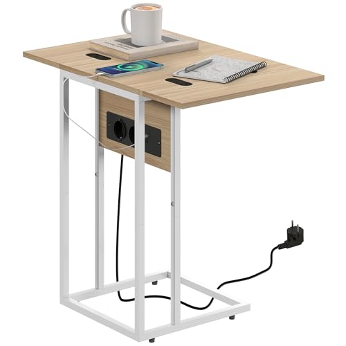 Mesa Auxiliar con Encimera Plegable, Estación de Carga, Mesa Auxiliar para Sofá, Forma de C, con Puerto USB y USB-C, para Salón, Dormitorio, 39x29x57 cm, Blanco y Natural