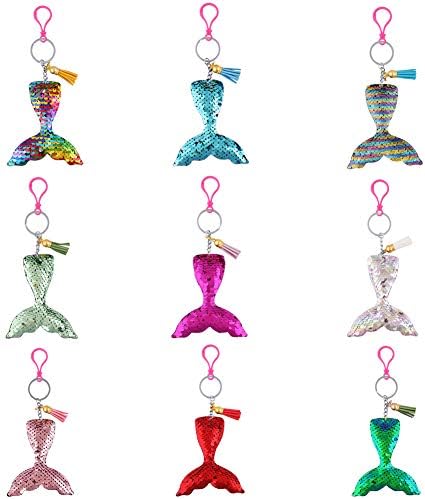 Fishdown 18 pcs Mermaid Tail Shape Keychain Party Favor with Leather Tassel Pendant,Reversible Sequin Charm Key Chain for Girls