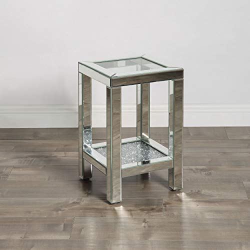 Mirrored End Table with Crystal Inlay, Square Modern Side Table Silver