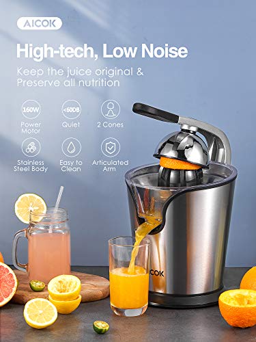 AICOK Orange Juicer Electric Citrus Juicer with Humanized Handle, Powerful 160W Silent Motor Stainless Steel BPA-Free, Two Size Cones for Grapefruits, Orange and Lemon, Silver